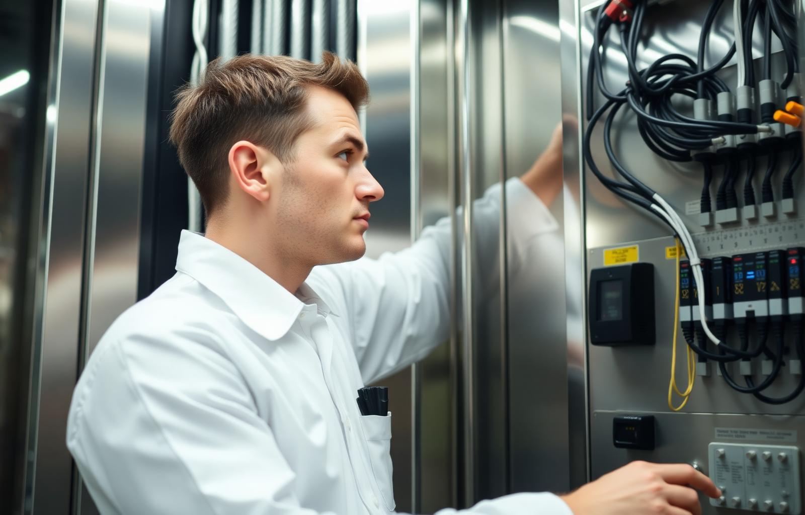 Technician inspecting elevator
